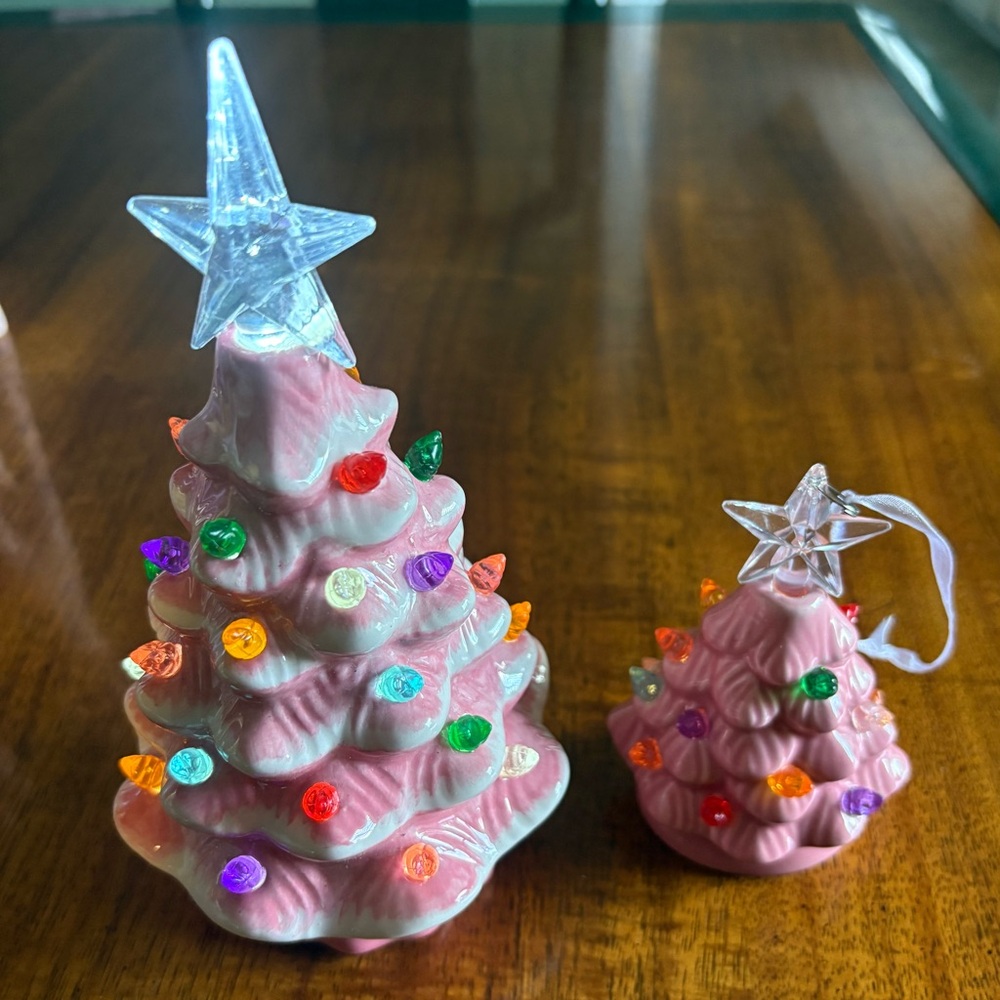 Pink Ceramic Holiday Tree Set with Clear Star Toppers Ornament and Standing Tree